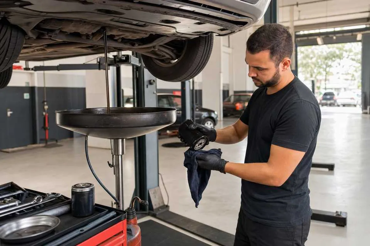 Mecânico realizando troca de óleo e filtro em carro na oficina